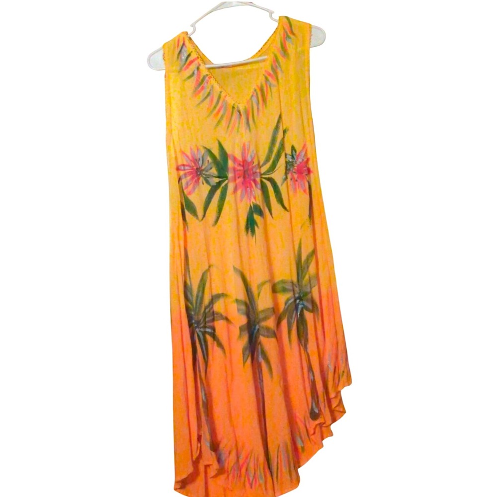 True Rock Tropical Hand Painted Ombre Handkerchief Hem Midi Dress Yellow Orange - Picture 2 of 6